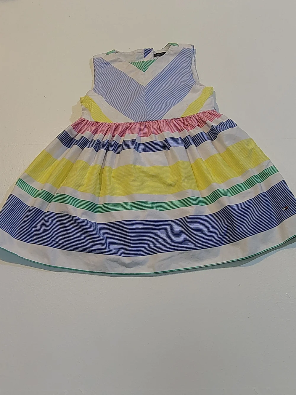 Girls' Multicolor Stripe Cotton Dress - White, Yellow, Blue